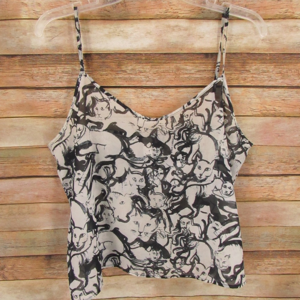 American Apparel Chiffon Black/White Morris Charney Cat  Print Tank Women's M